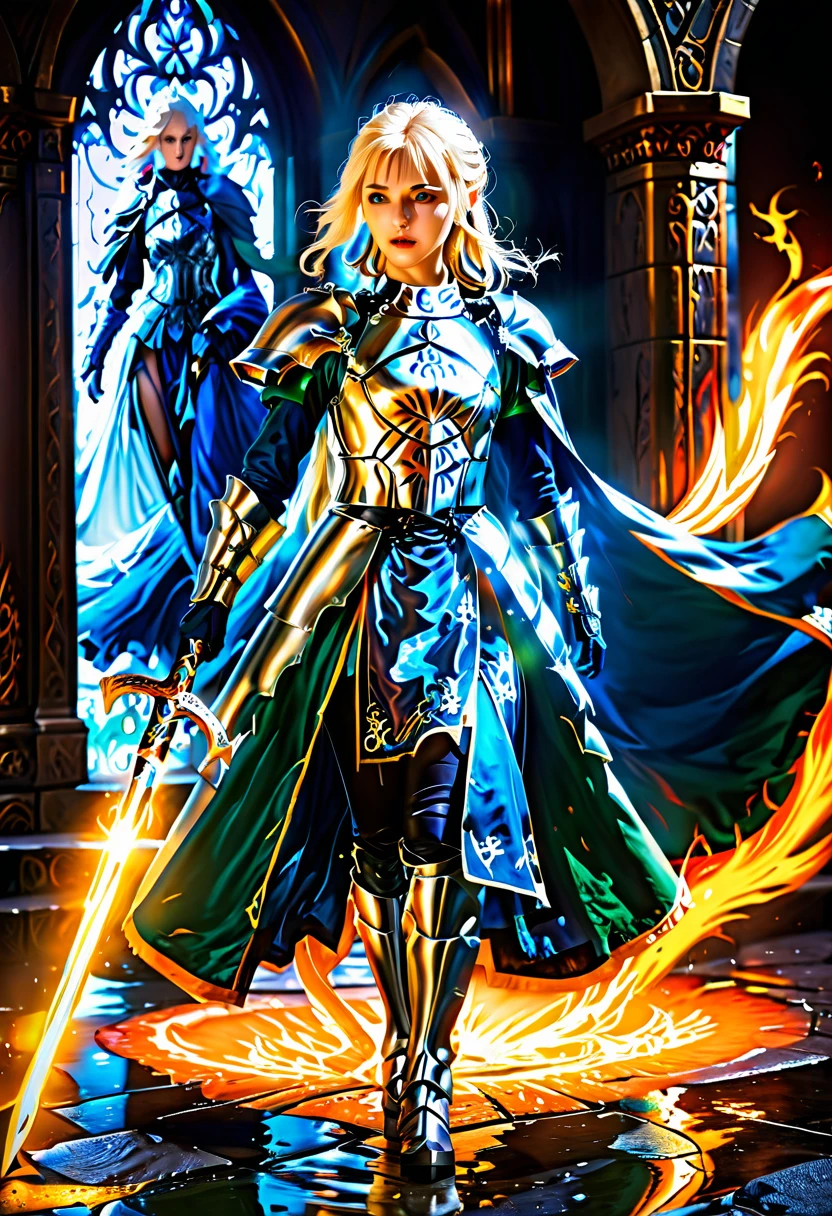 fantasy art, dnd art, RPG art, wide shot, (masterpiece: 1.4) portrait, intense details, highly detailed, photorealistic, best quality, highres, portrait a vedalken female (fantasy art, Masterpiece, best quality: 1.3) ((blue skin: 1.5)), intense details facial details, exquisite beauty, (fantasy art, Masterpiece, best quality) cleric, (blue colored skin: 1.5) 1person blue_skin, blue skinned female, (white hair: 1.3), long hair, intense green eye, fantasy art, Masterpiece, best quality) armed a fiery sword red fire, wearing heavy (white: 1.3) half plate mail armor CM-Beautiful_armor wearing high heeled laced boots, wearing an(orange :1.3) cloak, wearing glowing holy symbol GlowingRunes_yellow, within fantasy temple background, reflection light, high details, best quality, 16k, [ultra detailed], masterpiece, best quality, (extremely detailed), close up, ultra wide shot, photorealistic, RAW, fantasy art, dnd art, fantasy art, realistic art, ArmoredDress, Cinematic Hollywood Film, GlowingRunesAI_paleblue