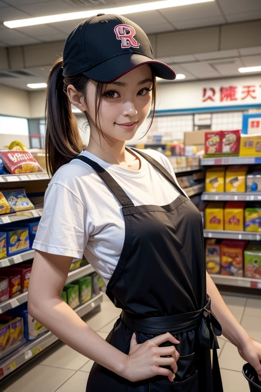 8K,Masterpiece,Inside a discount supermarket,(alone),30 years old,(Japanese women)、One Woman、Smile,Slender figure,Small breasts,Shapely breasts,Light Brown Hair,ponytail,Realistic、Mature Woman,Realistic face、T-Shirts,apron,Sorting products,Baseball Cap