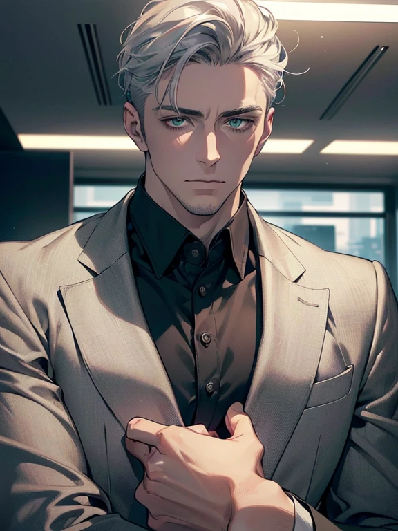(best quality,4k,8k,highres,masterpiece:1.2),ultra-detailed,(realistic,photorealistic,photo-realistic:1.37),cinematic lighting,hdr image,1 man,30 years old,mature man,very handsome,without expression,serious,short grey white hair,green eyes,penetrating gaze,imposing posture,businessman,office background