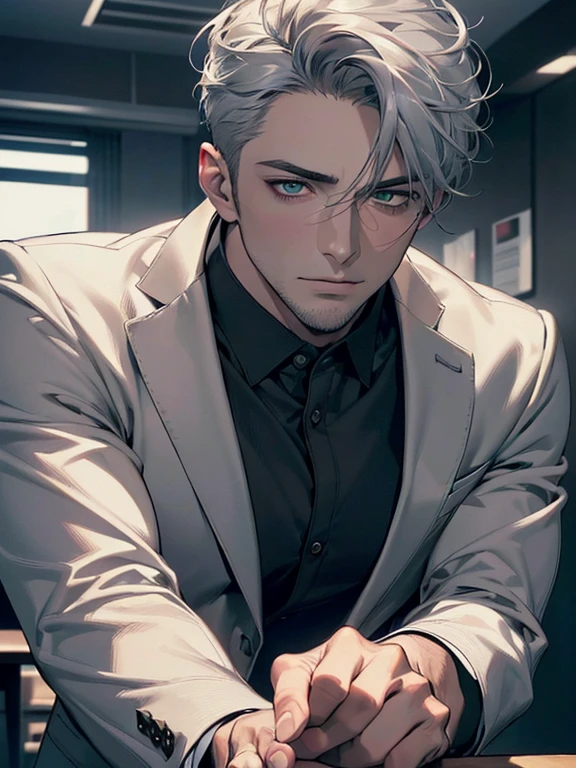 (best quality,4k,8k,highres,masterpiece:1.2),ultra-detailed,(realistic,photorealistic,photo-realistic:1.37),cinematic lighting,hdr image,1 man,30 years old,mature man,very handsome,without expression,serious,short grey white hair,green eyes,penetrating gaze,imposing posture,businessman,office background