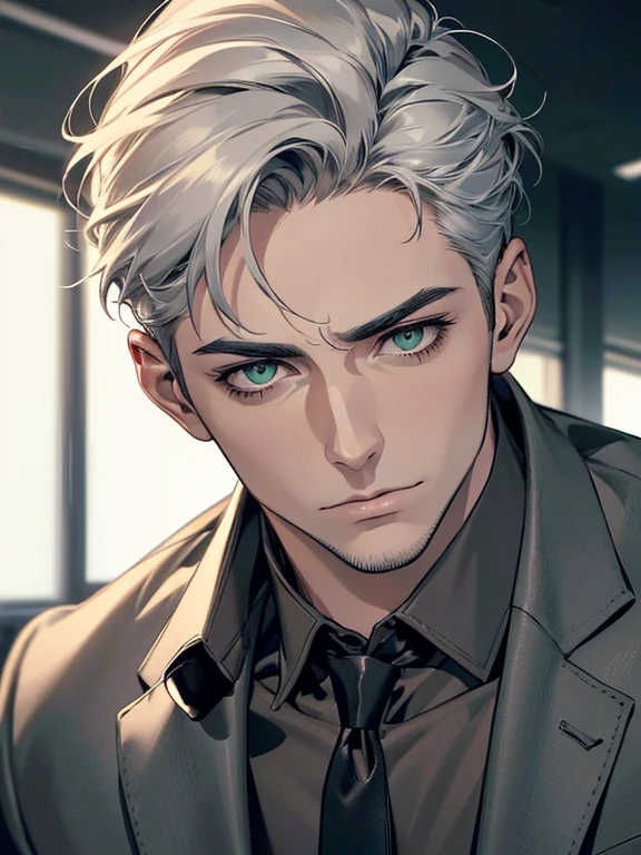 (best quality,4k,8k,highres,masterpiece:1.2),ultra-detailed,(realistic,photorealistic,photo-realistic:1.37),cinematic lighting,hdr image,1 man,30 years old,mature man,very handsome,without expression,serious,short grey white hair,green eyes,penetrating gaze,imposing posture,businessman,office background