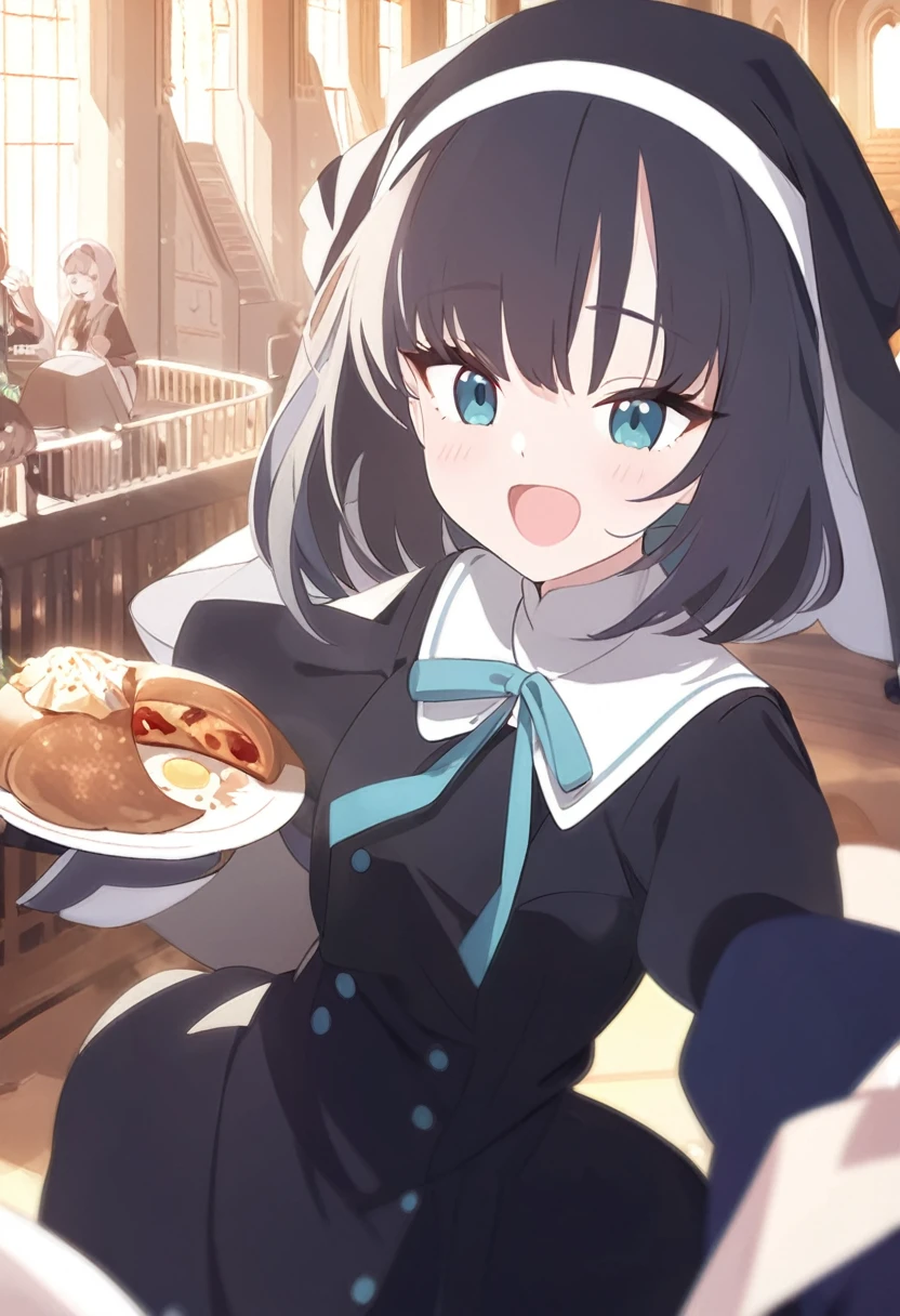 1girl, nun, cross, cross necklacke, jewelry, black hair, turquoise bangs, very short hair, hair over eyes, pale skin, medium breasts, turquoise eyes, black dress, church, blushing, surprised, eating food, huge belly, mouth dirty of food, (masterpiece), best quality, anime style
