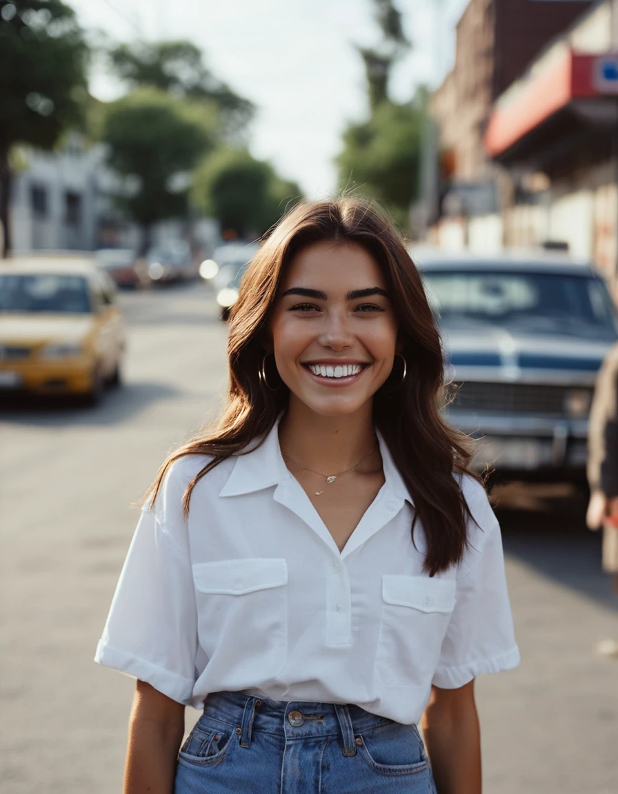 Cinema photo an exquisite portrait photo, 85mm medium format photo outline of ((ohwx woman)) in Toast Art . 35mm Photography, film, bokeh, Specialist, 4K, muito detalhado, stands on street, Full body photo, spontaneous, smiles with teeth, Beautiful white teeth