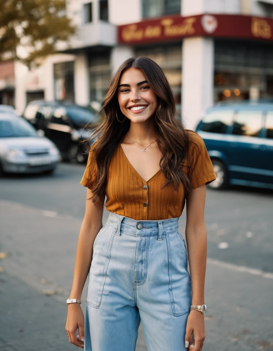 Cinema photo an exquisite portrait photo, 85mm medium format photo outline of ((ohwx woman)) in Toast Art . 35mm Photography, film, bokeh, Specialist, 4K, muito detalhado, stands on street, Full body photo, spontaneous, smiles with teeth, Beautiful white teeth