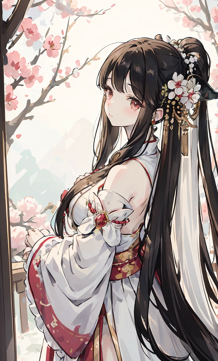 (masterpiece:1.2),From horses, 1 plump girl, alone, Back view,branch, Flowers Bloom, gem, skirt, ear nipple ring, The Tree, Through the bangs, Long white hair, hair ornaments, Displaying the viewer, Chinese clothing, Black Hair Color, Hair Flower, Brown Hair, Exposed bare shoulders, Very long hair, Wide sleeves, Long sleeves