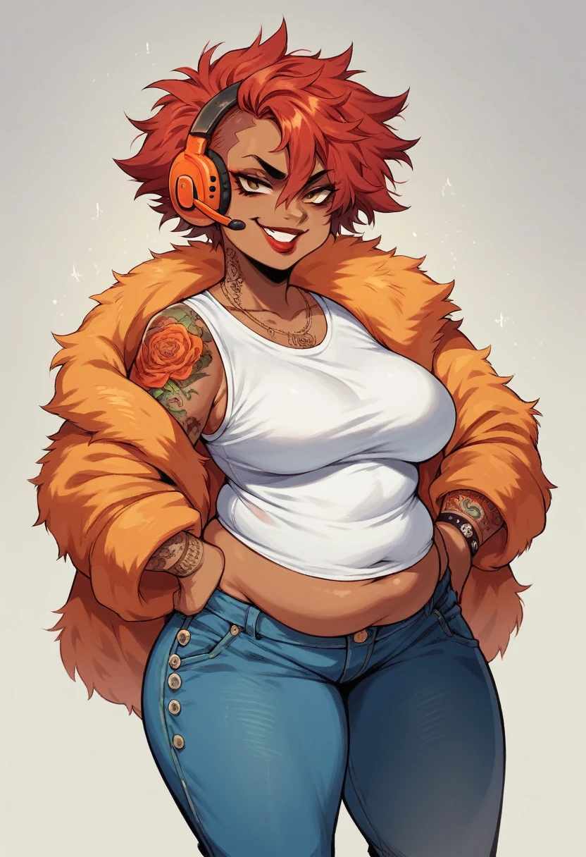 chubby black woman, african skin, redhair, red hair, messy hair, white shirt, orange fur coat, red lipstick, orange headset, orange crown, naughty smile, punk girl, tattoos, jeans black short