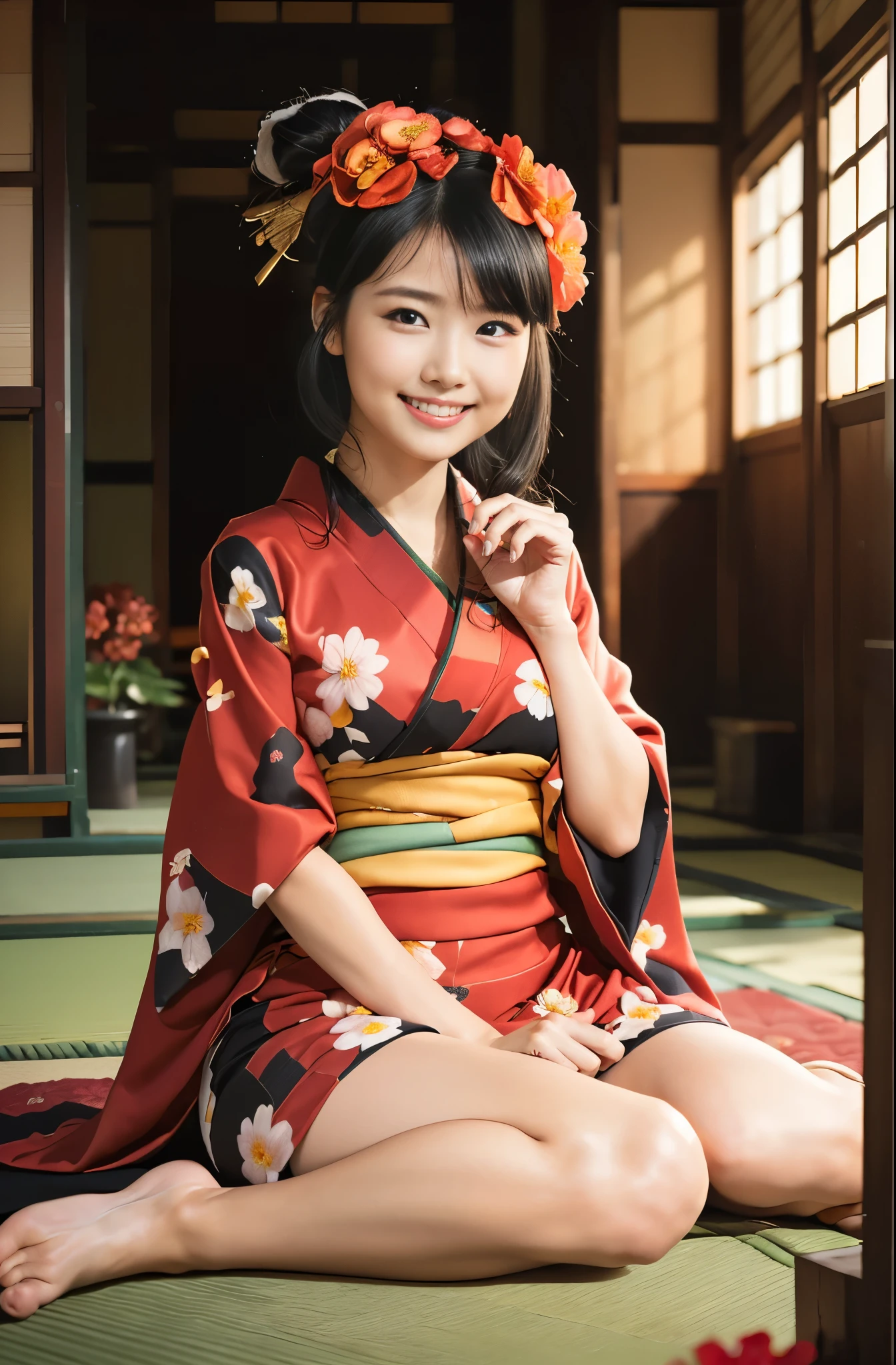 （8K、Raw photography、Highest quality、masterpiece：1.2),(Black Hair、Dark Eyes:1.9),(Flower pattern kimono:1.6)、View your audience,Viewed from the front,White skin,(ponytail:1.3)、(Tight waist:1.6)、(Clothes that accentuate the shape of the breasts:1.0)、(Big Breasts :1.3)、Slim figure、Ultra-high resolution,beautiful,beautiful fece,(One person、No background:1.9),whole bodyボディー,Japanese women,（reality的：1.37）、Photon Mapping,reality、(-face cute: 1.4)、(Cute Smile: 1.8)、(Round face: 1.8)、Radio City、Physically Based Rendering、Depth of field rally background、photograph, (I can see your knees、Thigh close-up:1.8),（:1.6）,whole body、Great quality