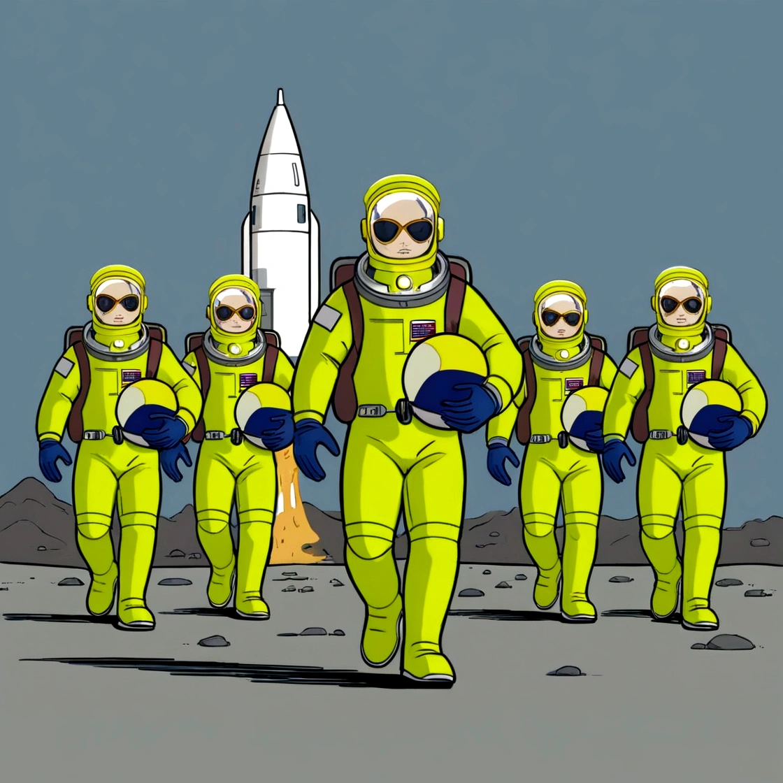 cartoon of a group of people in yellow suits walking on a space station, yellow space suit, Astronautas, usar trajes espaciais, inspirado em Scott Listfield, small Astronautas, american soldiers invaded mars, Astronautas and space colonies, lunar walk, astronaut walking, turismo espacial, vestido com traje espacial, in the style of 80s sci-fi art