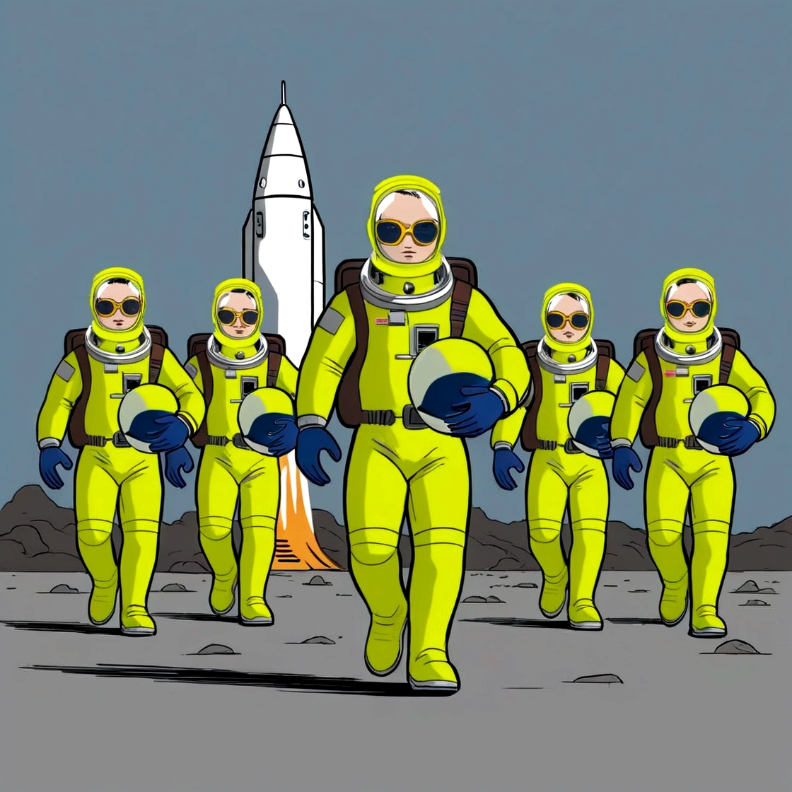 cartoon of a group of people in yellow suits walking on a space station, yellow space suit, Astronautas, usar trajes espaciais, inspirado em Scott Listfield, small Astronautas, american soldiers invaded mars, Astronautas and space colonies, lunar walk, astronaut walking, turismo espacial, vestido com traje espacial, in the style of 80s sci-fi art