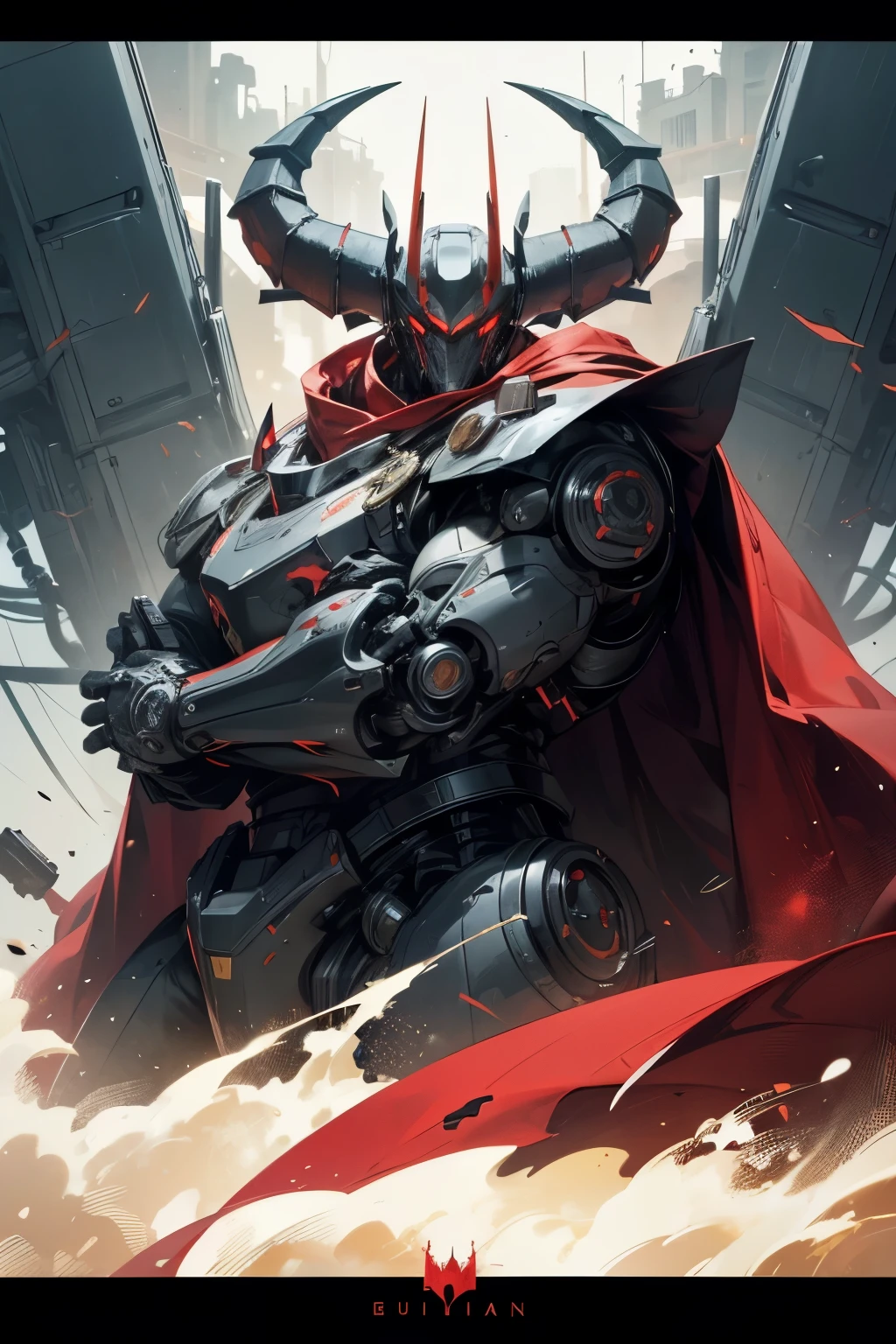 A tanky robot, extremely mechanical body, very robust, really wide shoulders, very heavy frame, black glossy frame, wearing a black and red cape over only his left shoulder, bull horns, very threatening,
