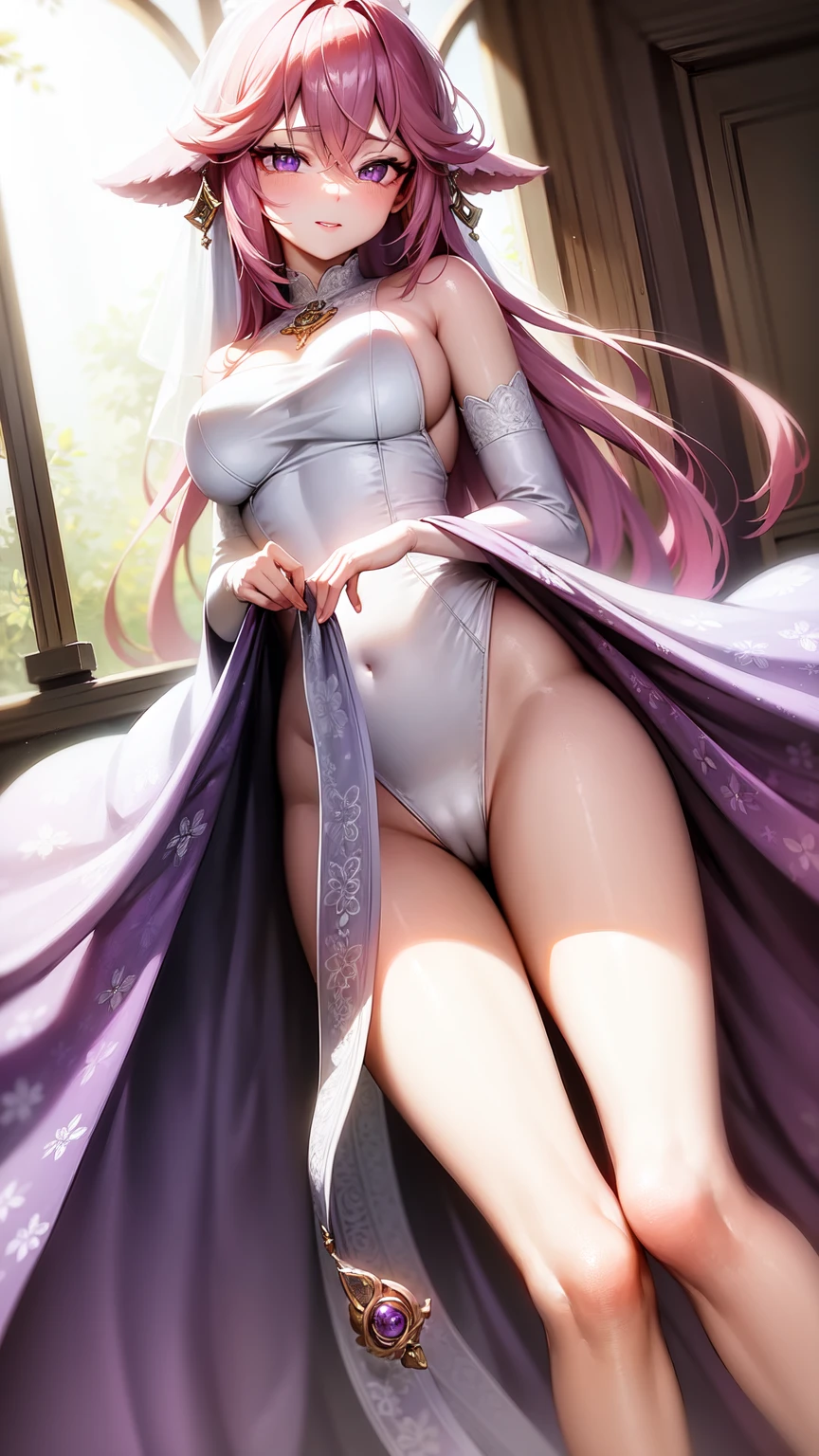 Yes(purple eyes)(Wedding Dress)(beautiful legs)(beautiful)(from below)