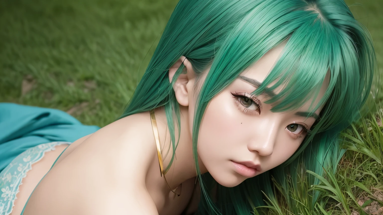 beautiful detailed Asian girl with green hair, beautiful detailed eyes, beautiful detailed lips, extremely detailed face, long eyelashes, lying on grass, sensual, hentai, big tits, elegant, cinematic lighting, vibrant colors, realistic, photorealistic, 4k, highres, best quality, masterpiece