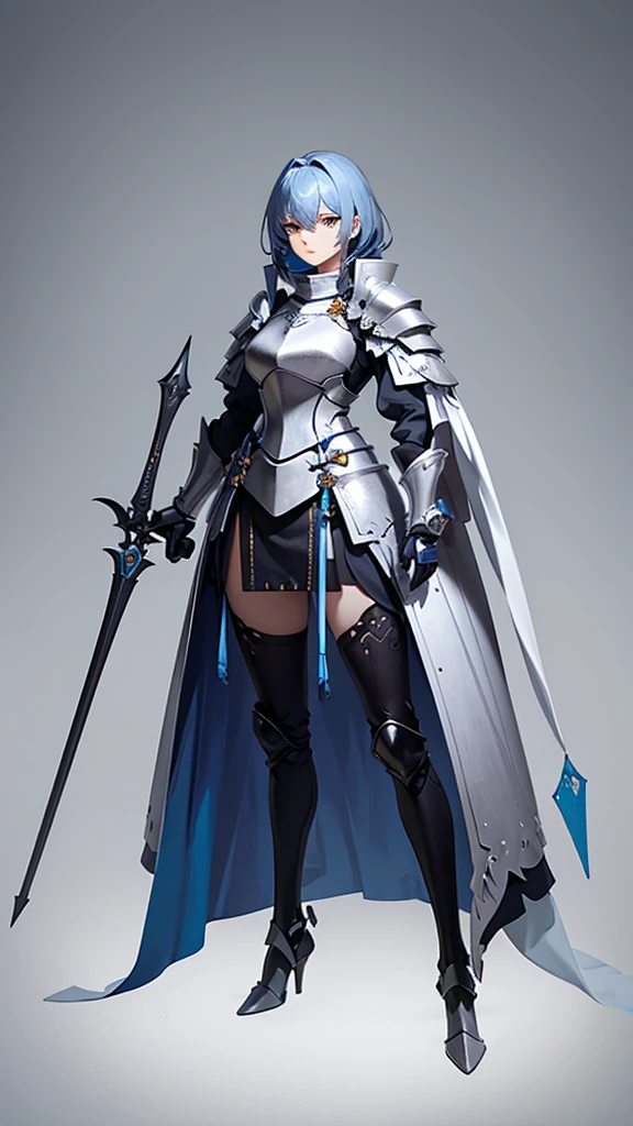 female knight, Blue Hair, tall, Full body side view, View Viewer, Aggressive, Pure white background