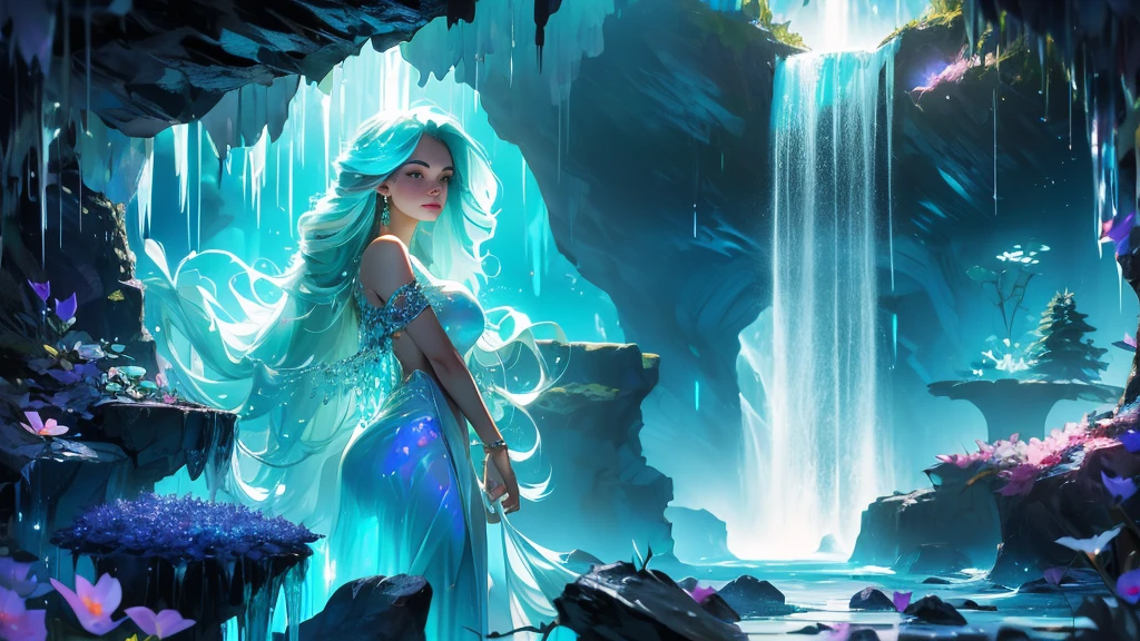 ultra-detailed half body photo of a young women merging with the bioluminescent environment, inside a sparkling blooming overgrown geode, waterfall, misty, she dissolve into particles, waving gossamer crystals made of bubbling crystals, she glows with an ethereal radiance, deep state of bliss, dreamlike scenery, best quality