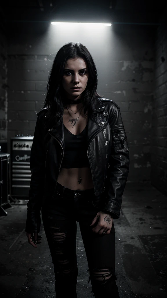 a 21 year old female rocker, wearing dark makeup, black leather jacket, ripped jeans, holding an electric guitar, standing in a dark moody setting, dramatic lighting, gritty, industrial, cinematic, high contrast, hyperrealistic, chiaroscuro, moody atmosphere