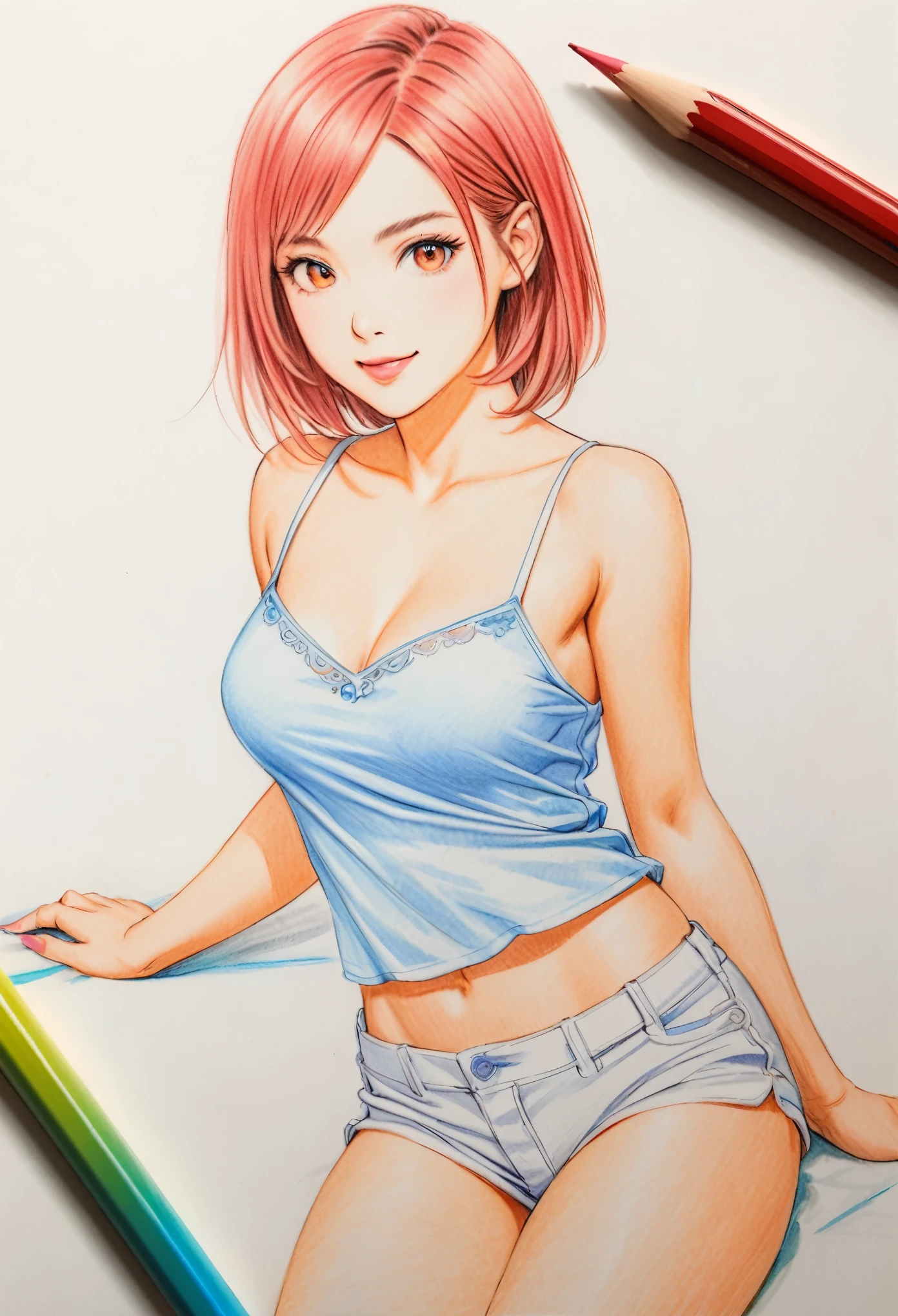 woman,short camisole,White,Art,ad,Color pencil drawing,Draft diagram, Long hair