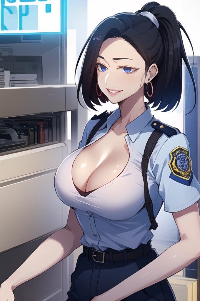 nari , blue eyes, black hair, short hair, big breasts,big hoop earrings ,hair ponytail , lipstick , police uniform , smiling , cleavage