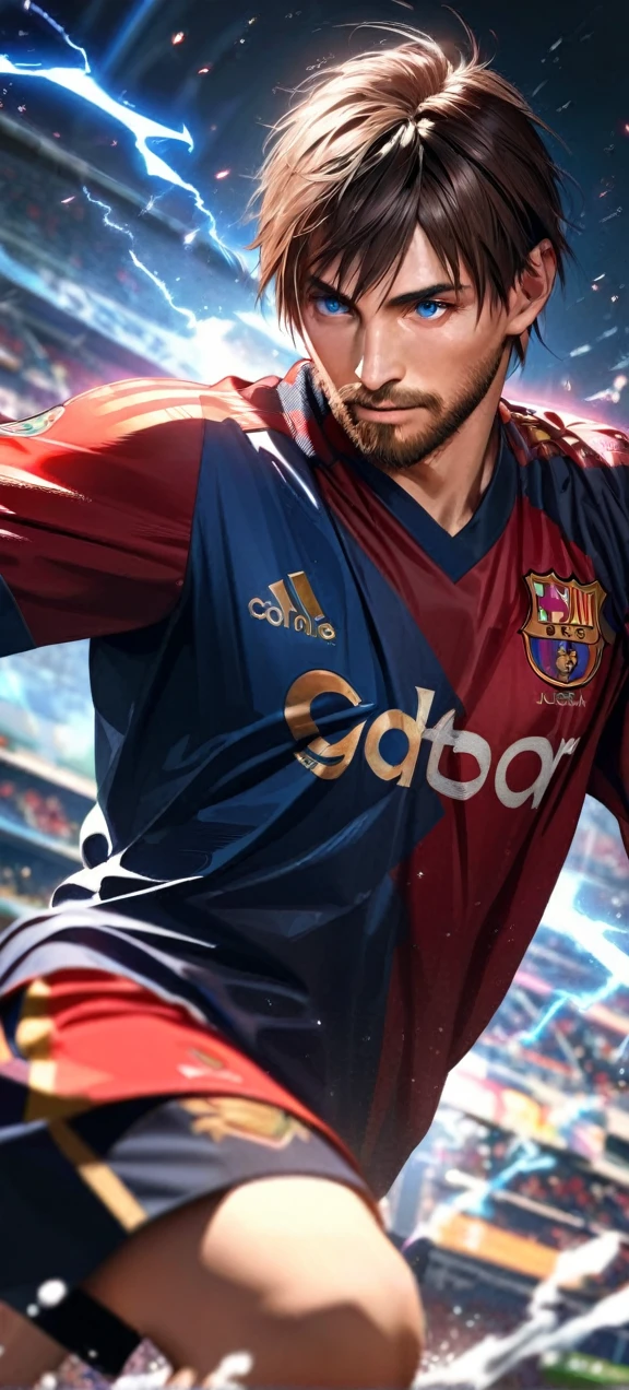 High quality, ultra realistic,absurdres, highres, ultra detailed, HDR, masterpiece, extremely detailed face and eyes,  Lionel Messi,, , solo, ,man, handsome, ,beard , red and blue  splashing effect,red and blue lightning  effect,glowing glitters , 