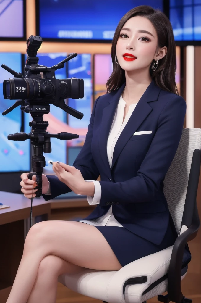 Highest quality, 8K,RAW Photos, Ultra-realistic, masterpiece:1.2,Professional Light, One girl, Red lips, Wearing a suit。news caster、Broadcast Studio、Explanation while sitting on a chair、 View your viewers, Facial highlights,