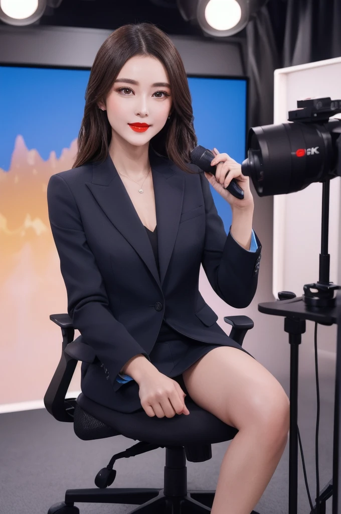 Highest quality, 8K,RAW Photos, Ultra-realistic, masterpiece:1.2,Professional Light, One girl, Red lips, Wearing a suit。news caster、Broadcast Studio、Explanation while sitting on a chair、 View your viewers, Facial highlights,