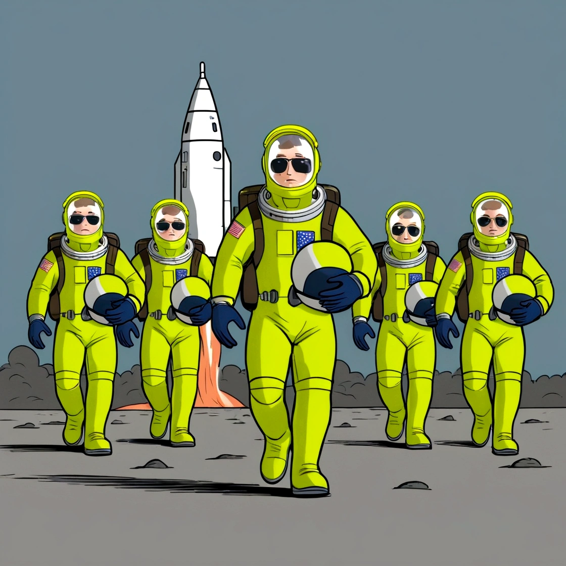 fixed camera front view, a comical cartoon meme illustration of 5 astronauts in white space suits, carrying the helmet in their hands walking in an epic way, the scene in the background has a space rocket, drawing with simple line meme flat colors