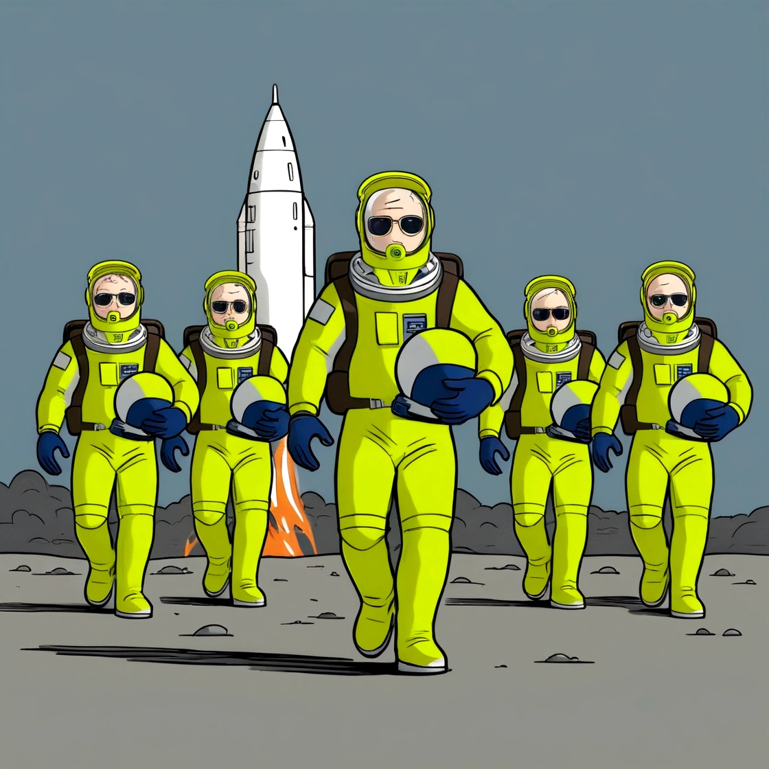 fixed camera front view, a comical cartoon meme illustration of 5 astronauts in white space suits, carrying the helmet in their hands walking in an epic way, the scene in the background has a space rocket, drawing with simple line meme flat colors