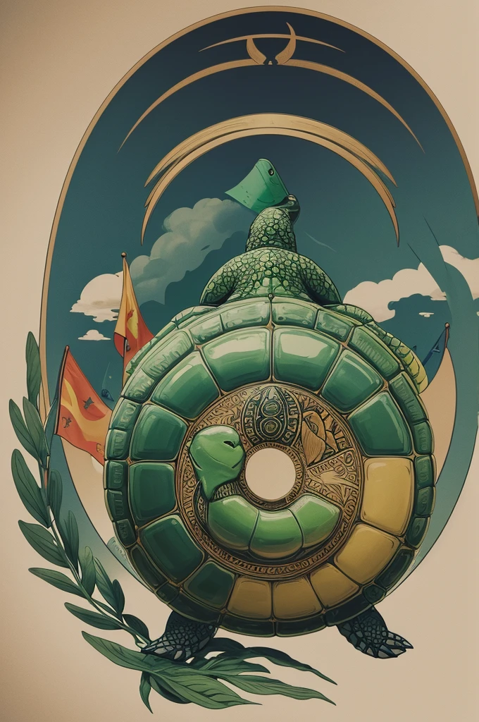 design of a flag that represents the concept of protection, inspired by a turtle. elements that symbolize protection and the idea of "headpiece" protective.