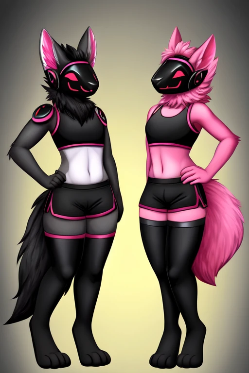 protogen, thigh highs, pink-red gray and black fur, gradient background, happy, separate eyes nose and mouth, femboy, uniform visor color, cute pose, smooth visor, fluffy fur, 2 ears, protogen face, red visor display, tail attached to waist, black gym shorts, female, black crop top, black visor