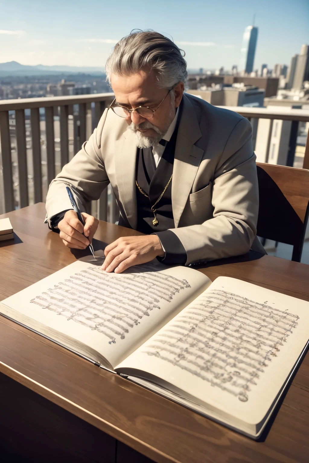 Wide-angle photograph of Plato writing on parchment, with a view of a magnificent city in the background.