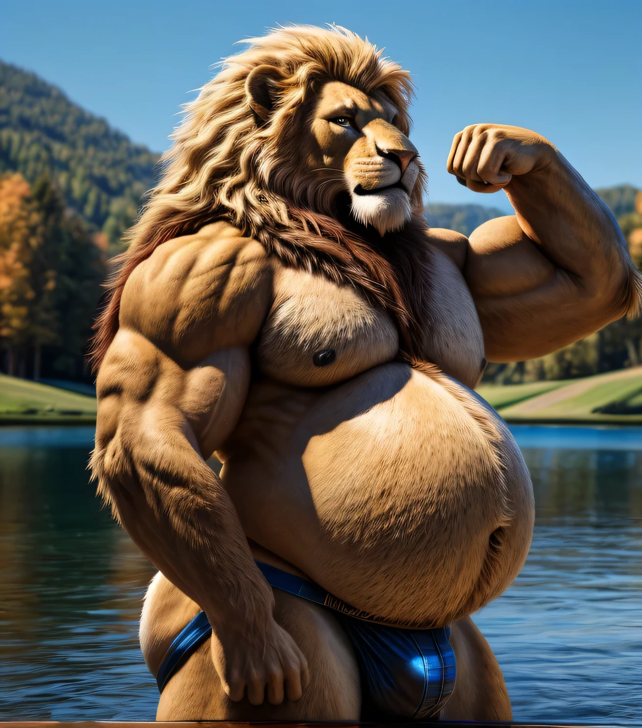 a very obese male lion with a blond mane, extremely detailed eyes, long fur, extremely big and fat belly, very very big belly, in jockstrap, extremely detailed, photorealistic, 4k, high quality, fine art portrait, dramatic lighting, vivid colors, correct eyes, and anatomy, wood montaine, in a lake, flexing the arms, face portrait realistic,  (best quality,8k,highres,masterpiece:1.2),ultra-detailed,(realistic,photorealistic,photo-realistic:1.37),HDR,UHD,studio lighting,ultra-fine painting,sharp focus,physically-based rendering,extreme detail description,professional,vivid colors,bokeh,cinematic,extremely detailed eyes and face, correct anatomy