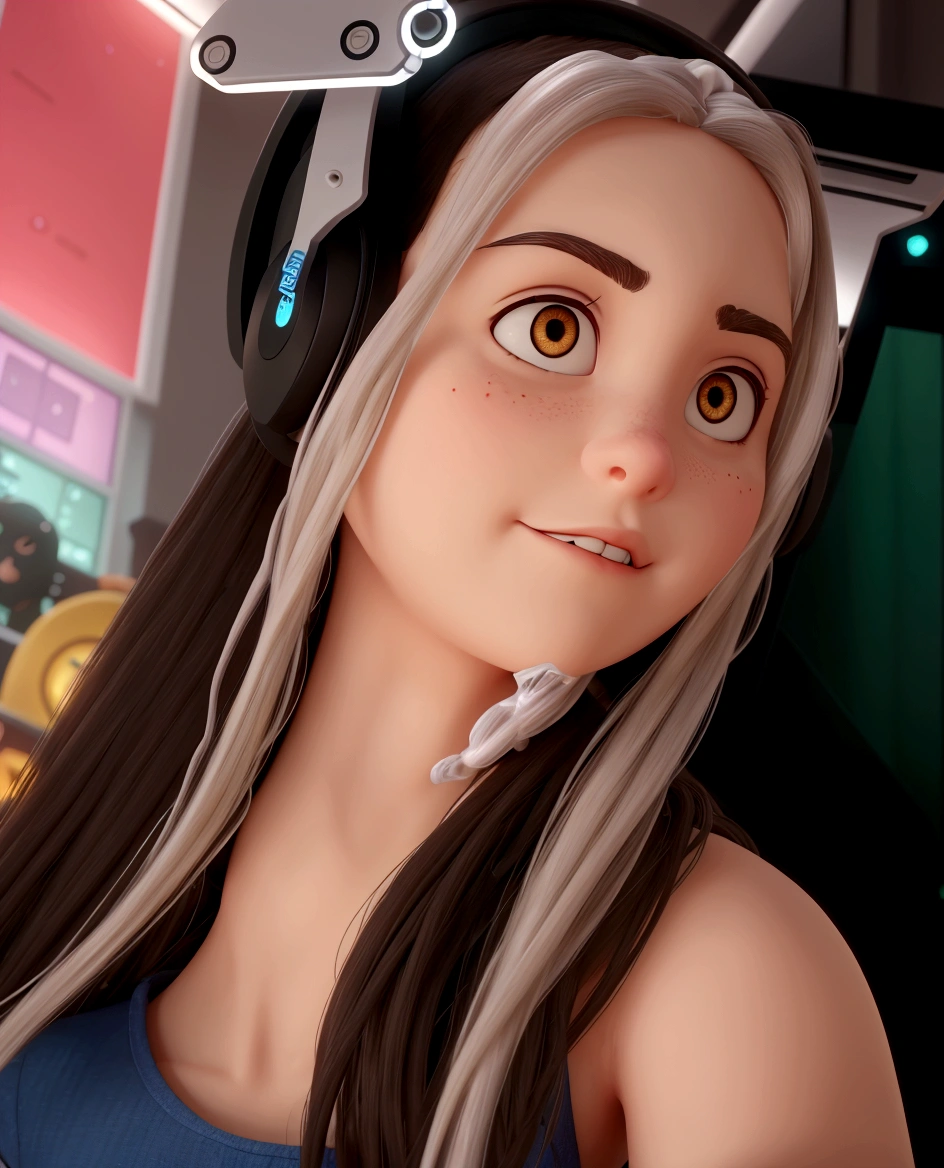 (((illustration)), (Depth of field: 1.2),standing alone,dynamic angle,1 girl,Hacker beautiful 28 year old girl with medium skin, Inside the house, hall, Dim hall, Sci-fi, neon, neon Lights, Computer hall, Gaming Headphones, Computer equipment, Server hall Background, display lights, Monitors, (LED Monitors, surrounded by multiple display Monitors: 1.5), gaming chair, dark haired, 2 mechas de cabelo brancas na parte da 正面, long hair, lightweight cyber clothing, energetic drinks, cables, messy room, 正面, fund. bushy eyebrows, dark brown eyes