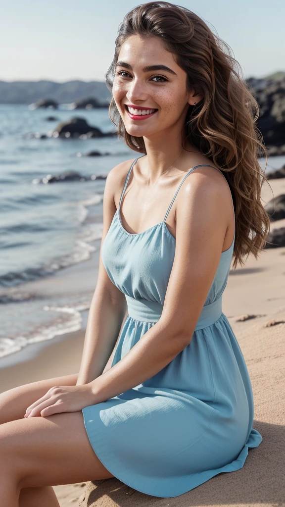 photo from afar, Uma garota batendo foto na praia sitting perto de um coqueiro, wearing a beautiful light blue dress, well dressed,  foto aesthetic, Tumblr, not looking at the camera, fully body, sitting.  muka:
 * format: Oval.
 * eyeballs: Large and light brown, with long, thick eyelashes.
 * eyebrows: Thin and arched, in light brown color.
 * nase: Small and upturned.
 * gura: Average, with full, red lips.
 * Skinned: clear, with freckles on the nose and cheeks.
 * body hair: Long and light brown, with natural waves.
Additional Detail:
 * eyeballs: almond-shaped, with a natural glow and joyful expression.
 * eyebrows: Well defined and arched, contributing to an expressive look.
 * nase: Small and delicate, in harmony with the oval face.
 * gura: full and red lips, who show a contagious smile.
 * freckles: Small and delicate, distributed across the nose and cheeks, giving a natural and charming touch to the skin.
 * body hairs: Natural waves that frame the face with softness and movement.
cos:
 * Height: 1,65 m.
 * Weight: 60 kg.
 * biotype: Skinny Athletic, with a defined and proportional body.
 * Skinned: clear, with a healthy, tanned tone on the arms and legs.
 * tattoo's: A small tattoo of a bird on the left wrist, representing freedom and lightness. A tattoo of a flower on the right ankle, symbolizing femininity and beauty.