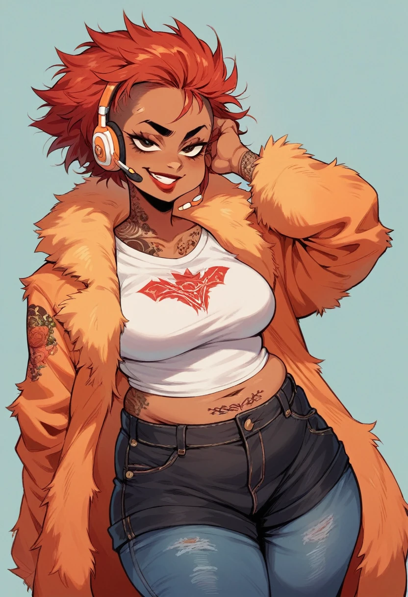 chubby black woman, african skin, redhair, red hair, messy hair, white shirt, orange fur coat, red lipstick, orange color headset, orange crown in head, naughty smile, punk girl, tattoos, jeans black shorts