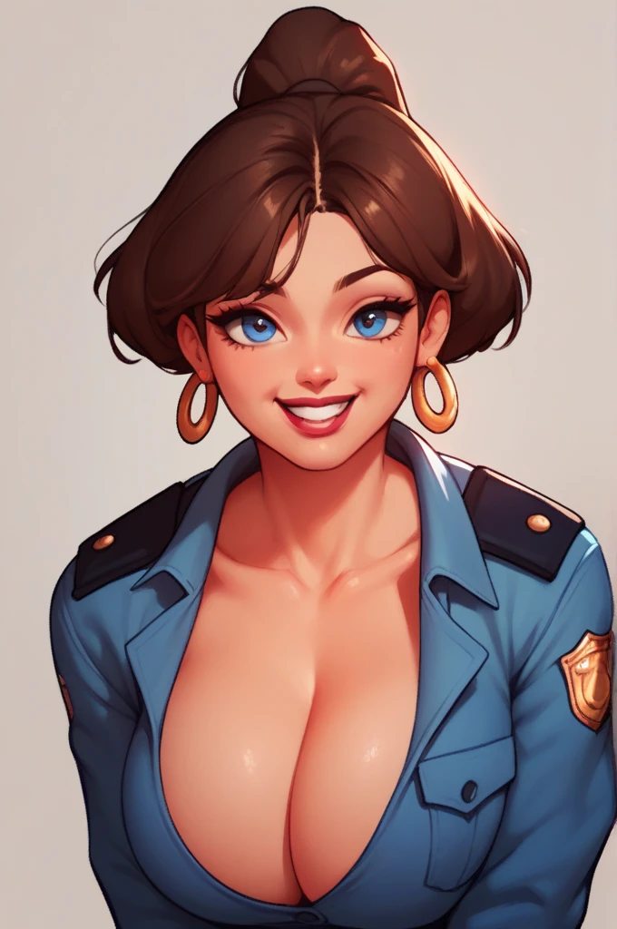 nari , blue eyes, brown hair, short hair, big breasts,big hoops earrings ,hair ponytail , lipstick , police uniform , smiling , cleavage
