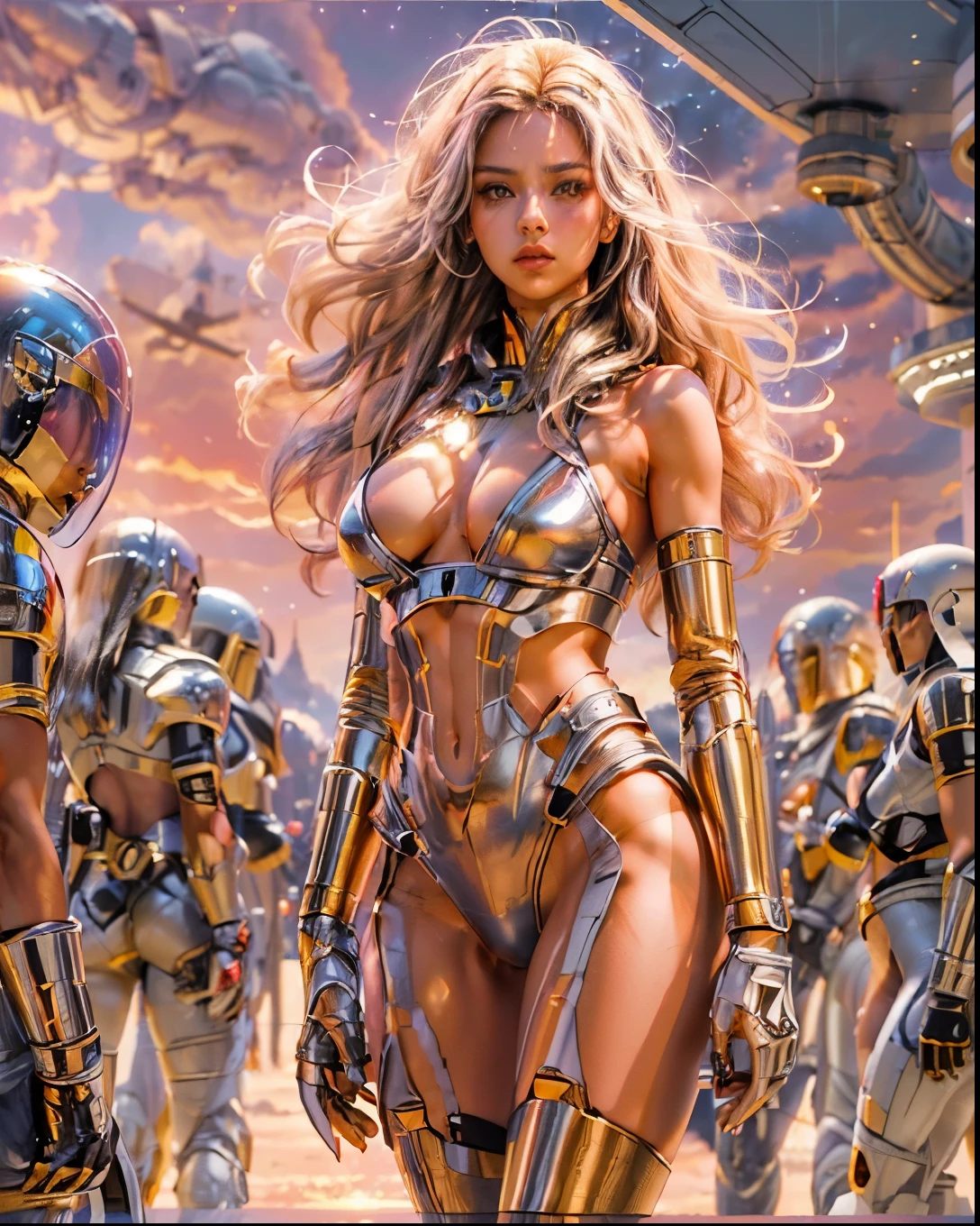 (((low angle shot))), ((women fighting in war wearing ultra thin translucent bikini with gorgeous muscular long legs)), ((pink silver black)), prismatic, reflective, ((ultra perfect flowing hairstyle)), (((huge natural breasts, tan lines))), ((perfect radiant skin color)), ((super colourful)), (((cinematic sunset gorgeous skies))), (((detailed spaceship background and incredibly sci-fi retro art masterpiece))), (((1:1 scale proportions))), ((science fiction)), ((chrome spaceships)), (((ultra photorealistic realism))), ((Smooth curves, clean lines, streamlined, functional aesthetics, reflective surfaces, integrated lighting, giant floating spaceships, engraved Egyptian and spiritual motifs)), ((acrylic plastic robot))