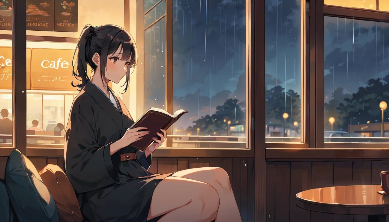 Scene of a cafe with rain falling outside the window, a girl is reading a book while drinking hot chocolate at a window seat, warm light and calm expression are impressive, Japanese anime style