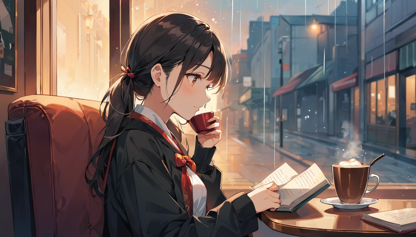 Scene of a cafe with rain falling outside the window, a girl is reading a book while drinking hot chocolate at a window seat, warm light and calm expression are impressive, Japanese anime style