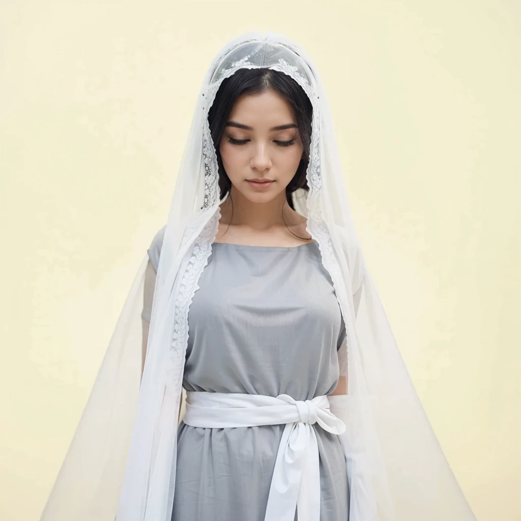 Beautiful woman with eyes closed, wearing gray tunic and white veil, long black hair 