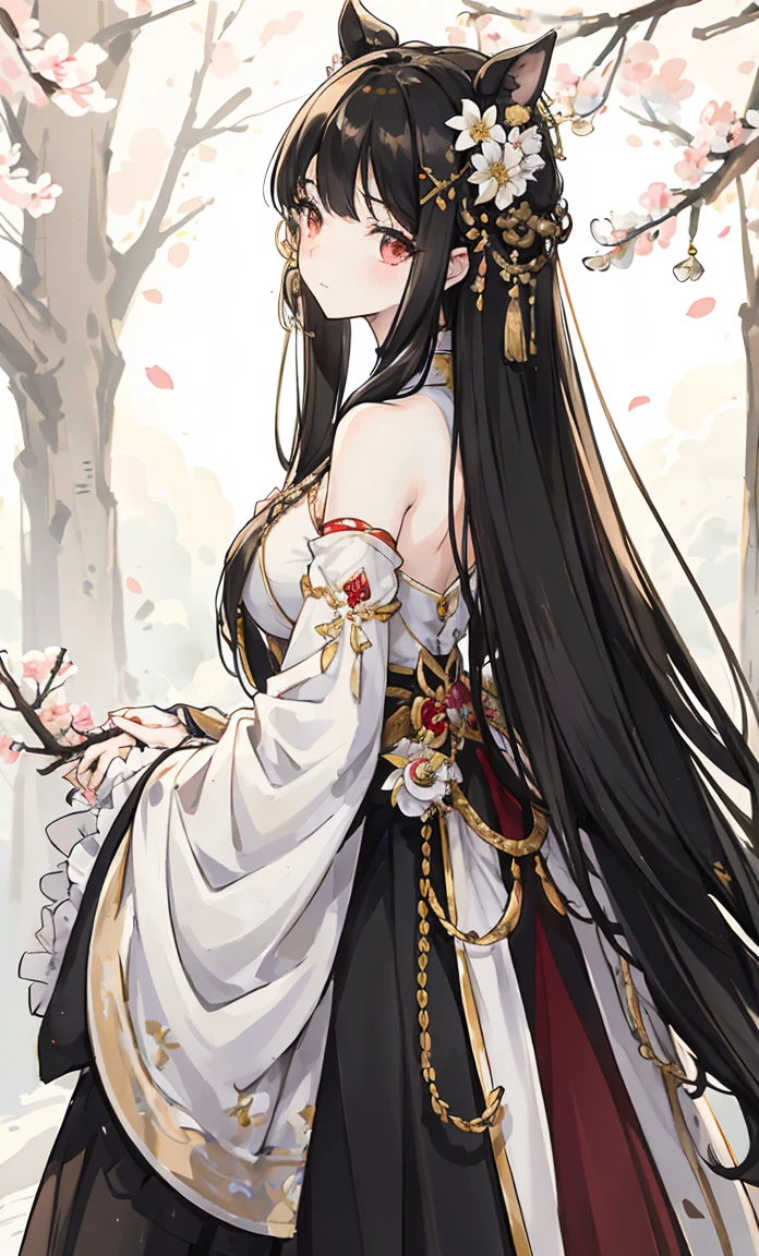 (masterpiece:1.2),From horses, 1 plump girl, alone, Back view,branch, Flowers Bloom, gem, skirt, ear nipple ring, The Tree, Through the bangs, Long white hair, hair ornaments, Displaying the viewer, Chinese clothing, Black Hair Color, Hair Flower, Brown Hair, Exposed bare shoulders, Very long hair, Her lush black hair covers her body.,Wide sleeves, Long sleeves
