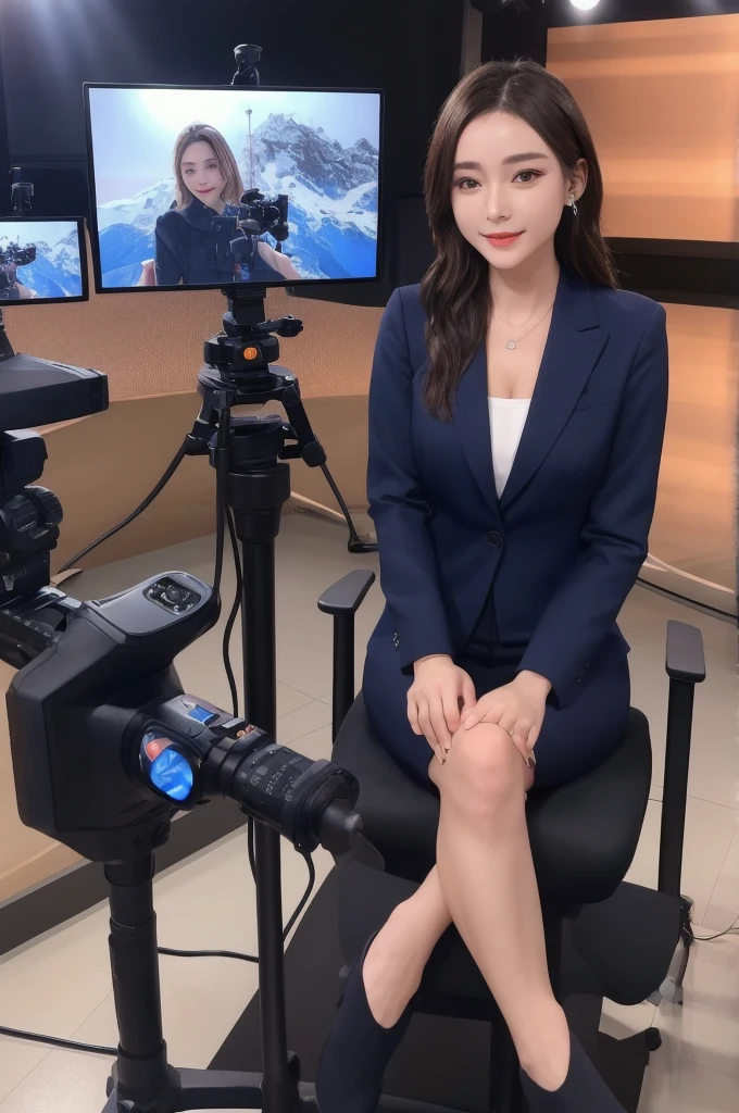 Highest quality, 8K,RAW Photos, Ultra-realistic, masterpiece:1.2,Professional Light, One girl, No makeup、Beautiful Face、Idol, Wearing a suit。news caster、Broadcast Studio、Explanation while sitting on a chair、 View your viewers, Facial highlights,