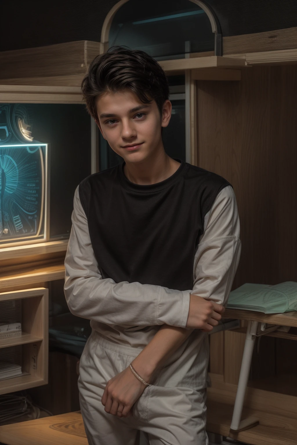 A beautiful young man, a cute male twink, with black hair, wearing a white long-sleeved shirt and jeans, and he is in his office, and behind him is a blackboard with calculus written on it, and neon energy comes out of the blackboard, and he looks on proudly.