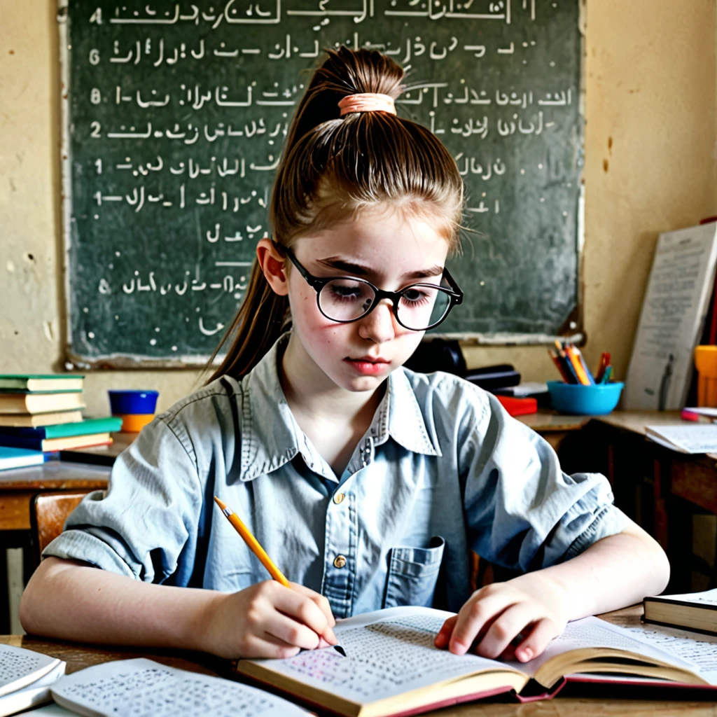 Pale skin ponytail hair Kurdish glasses teen studying at table tin body