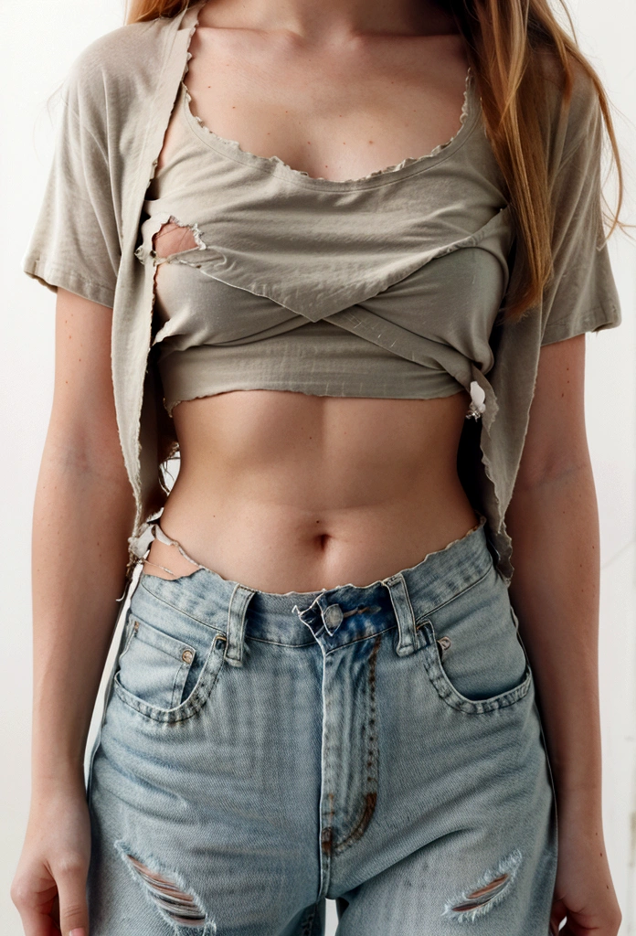 adorable freckled busty 1990s redhead woman, ruffled bushy hair, (blonde highlights:1.2), baggy low-rise jeans, (torn t-shirt:1.2), braless,
Negative prompt
