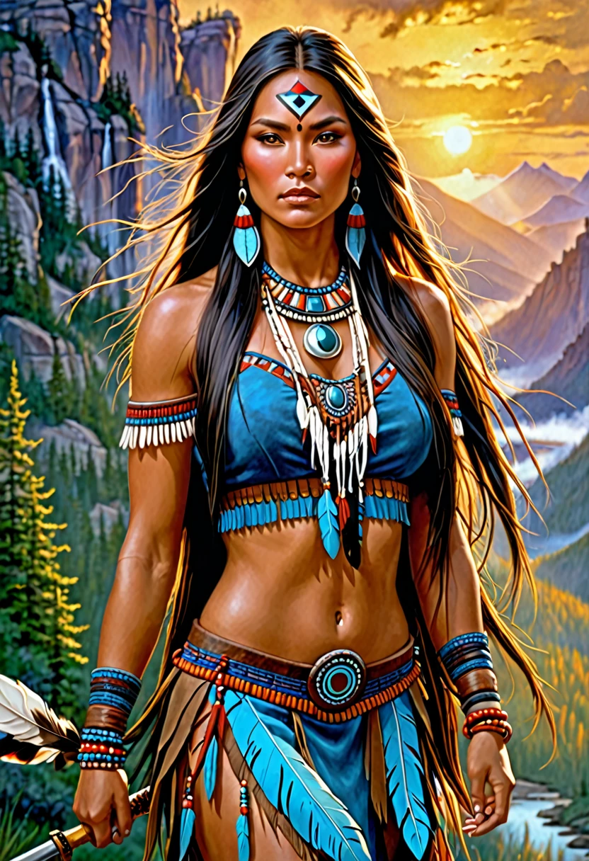 a painting of a woman with long hair and jewelry, una hermosa Warrior woman, Warrior woman, Beautiful lady, fantasy woman, : native american shamen fantasy, karol behind uhd, Warrior Princess, beautiful character painting, beautiful Warrior woman, warrior girl, beautiful woman, native american, north Warrior woman, Pocahontas, Warrior woman, Stunning woman