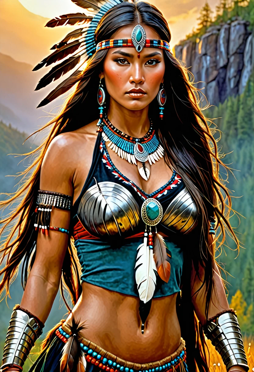 a painting of a woman with long hair and jewelry, una hermosa Warrior woman, Warrior woman, Beautiful lady, fantasy woman, : native american shamen fantasy, karol behind uhd, Warrior Princess, beautiful character painting, beautiful Warrior woman, warrior girl, beautiful woman, native american, north Warrior woman, Pocahontas, Warrior woman, Stunning woman