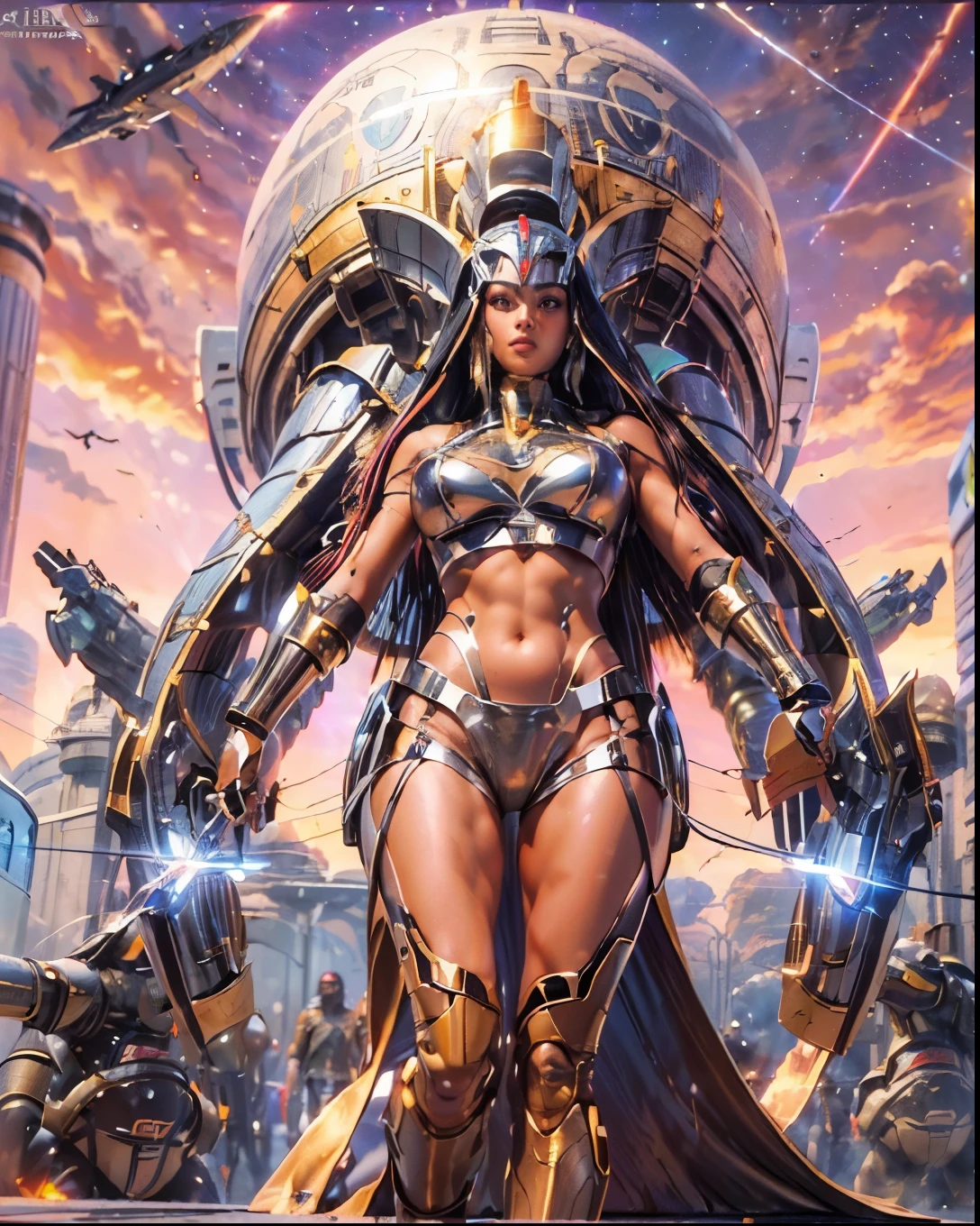(((low angle shot))), ((women fighting in war wearing ultra thin translucent bikini with gorgeous muscular long legs)), ((pink silver black)), prismatic, reflective, ((ultra perfect flowing hairstyle)), (((huge natural breasts, tan lines))), ((perfect radiant skin color)), ((super colourful)), (((cinematic sunset gorgeous skies))), (((detailed spaceship background and incredibly sci-fi retro art masterpiece))), (((1:1 scale proportions))), ((science fiction)), ((chrome spaceships)), (((ultra photorealistic realism))), ((Smooth curves, clean lines, streamlined, functional aesthetics, reflective surfaces, integrated lighting, giant floating spaceships, engraved Egyptian and spiritual motifs)), ((acrylic plastic robot))