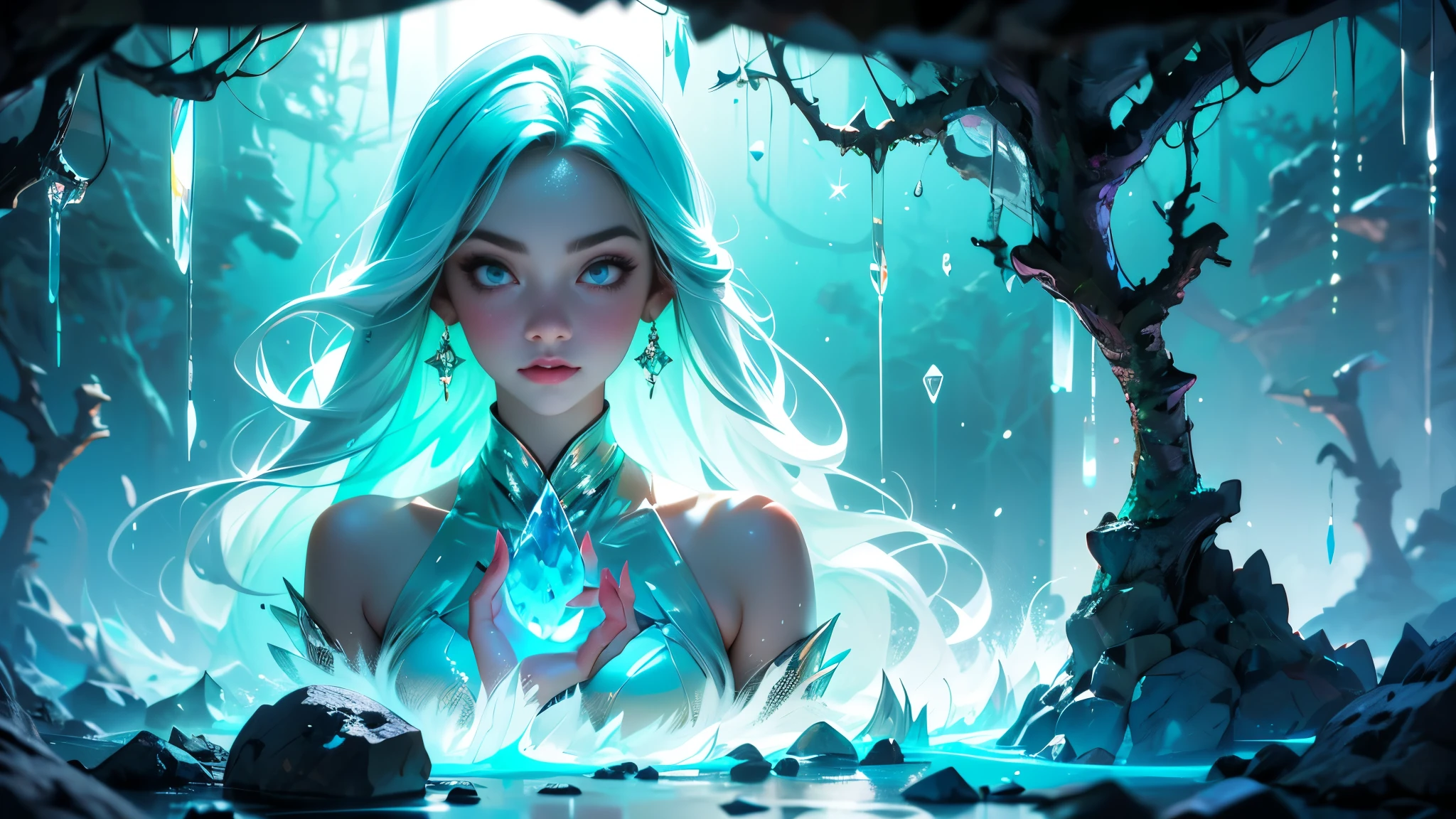 Beautiful girl with Silver hair, long hair, bright blue eyes, red lips, naked, looking up, Shining feathers effect, sparkle effect,cinematic lighting effect, Wet body, dark background, RAW photography, best quality, masterpiece, high resolution, 8k, ultra realistic