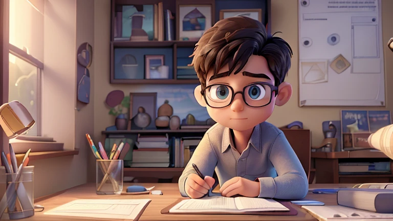 a boy sitting at a table in his room, studying, doing homework, book, pencil, laptop, glasses, , serious expression, sunlight from the window, bookshelf, cozy atmosphere, (best quality, 4k, 8k, high resolution, masterpiece: 1.2), ultra-detailed, (realistic, photorealistic, photorealistic: 1.37), intricate details, clear lighting, cinematic, study room interior