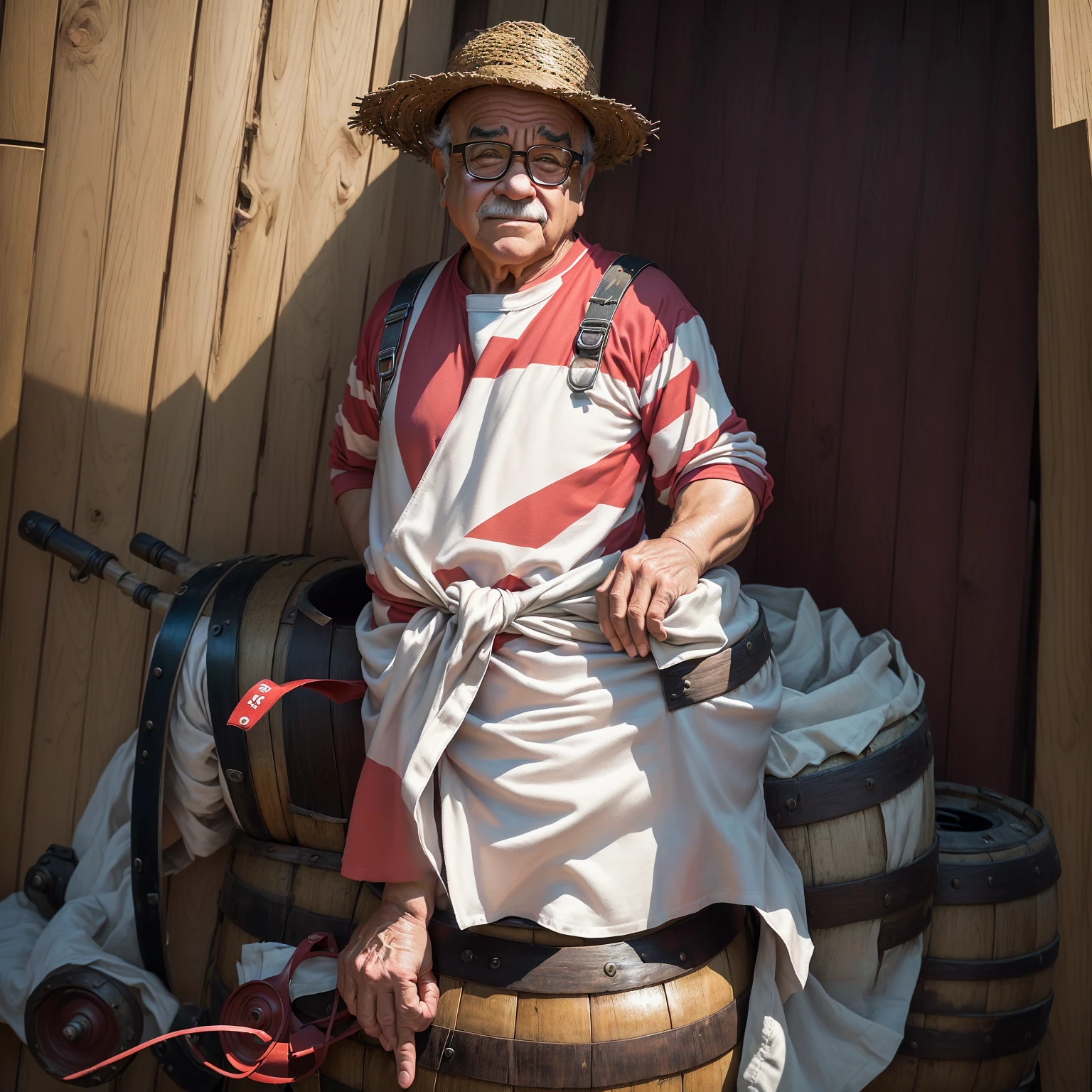 sharp man in striped shirt next to a wooden barrel, o Chaves, or Chaves del Ocho, television still, Dom Ramon, red trainer, many years have passed, sitcom, red trainer as ironman, danny devito as johnny, accurate portrayal, promo image, Ator, retired barney, inspired by Agustín Fernández, on tv