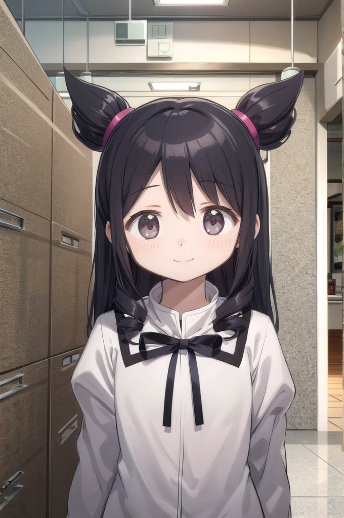 1 girl, black hair, twin drills, white skin, cute 14 year old girl, black and white, cute smile, gray eyes,